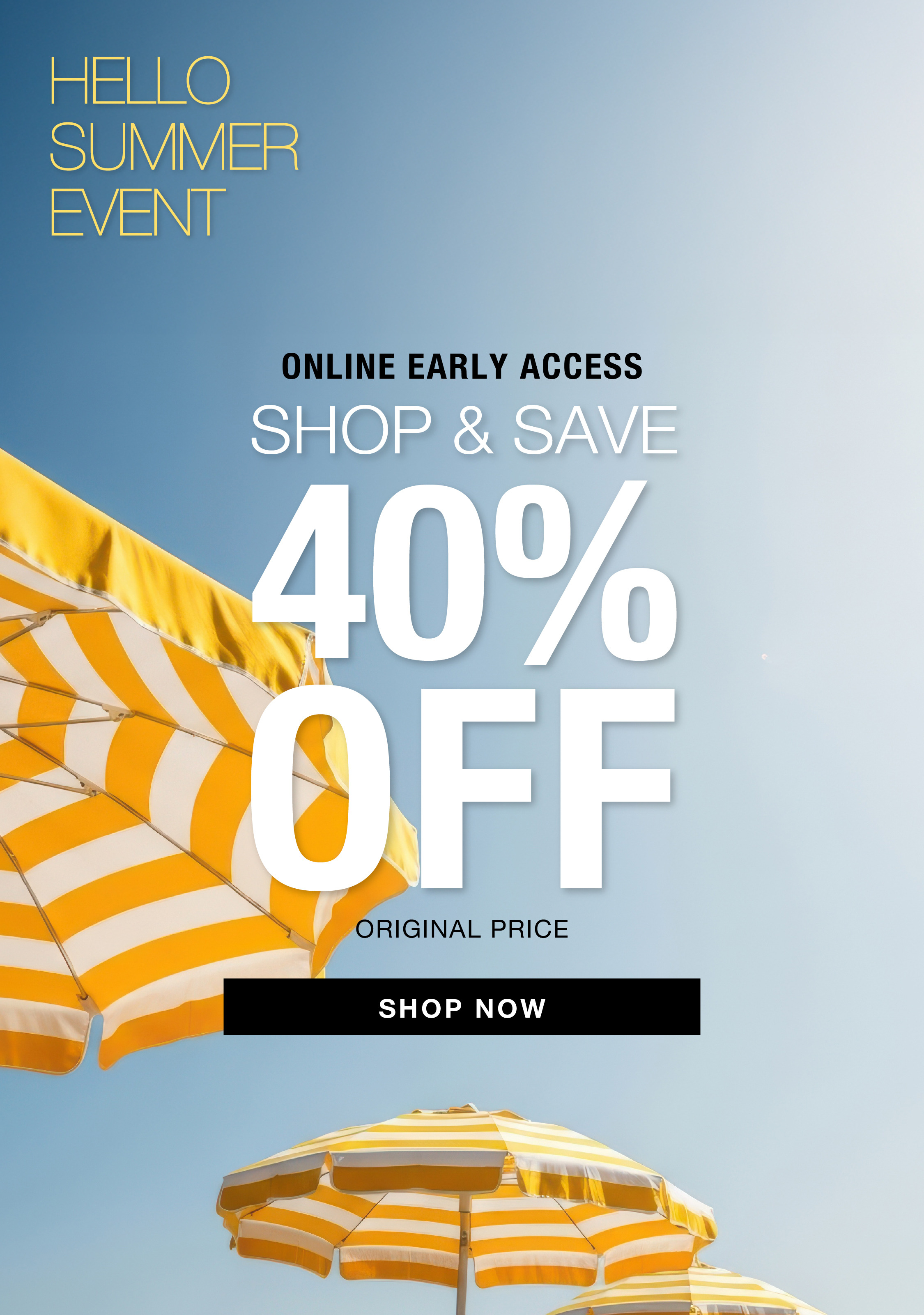 Promotional banner for summer event with discount details and shop now button.