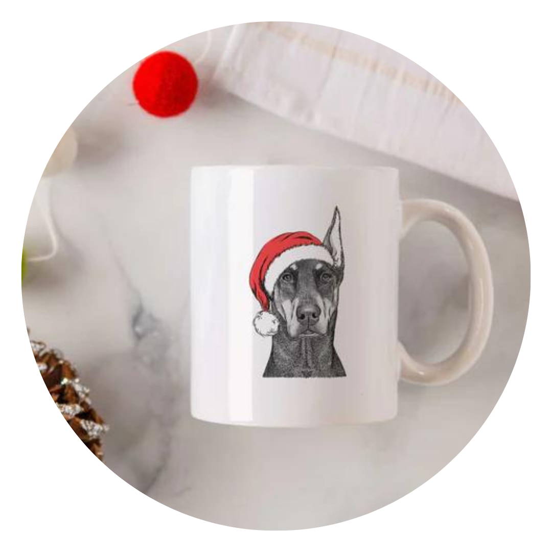 Dog wearing santa hat on mug