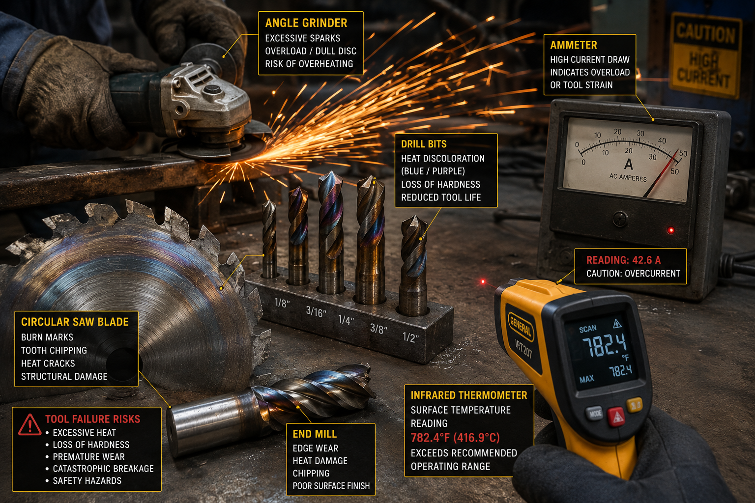 Workshop scene showing cutting tools with failure signs including excessive sparks and heat discoloration