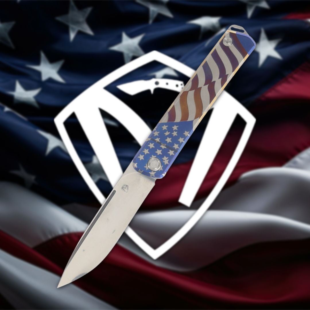 Knife with American flag design, set against a backdrop of a flag.