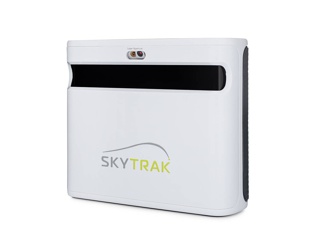 A front view of the SkyTrak+ launch monitor facing slightly to the left