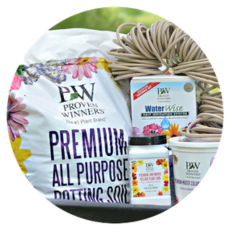 Proven winners supplies such as water wise, potting spoil, fertilizer, and tubing placed next to each other