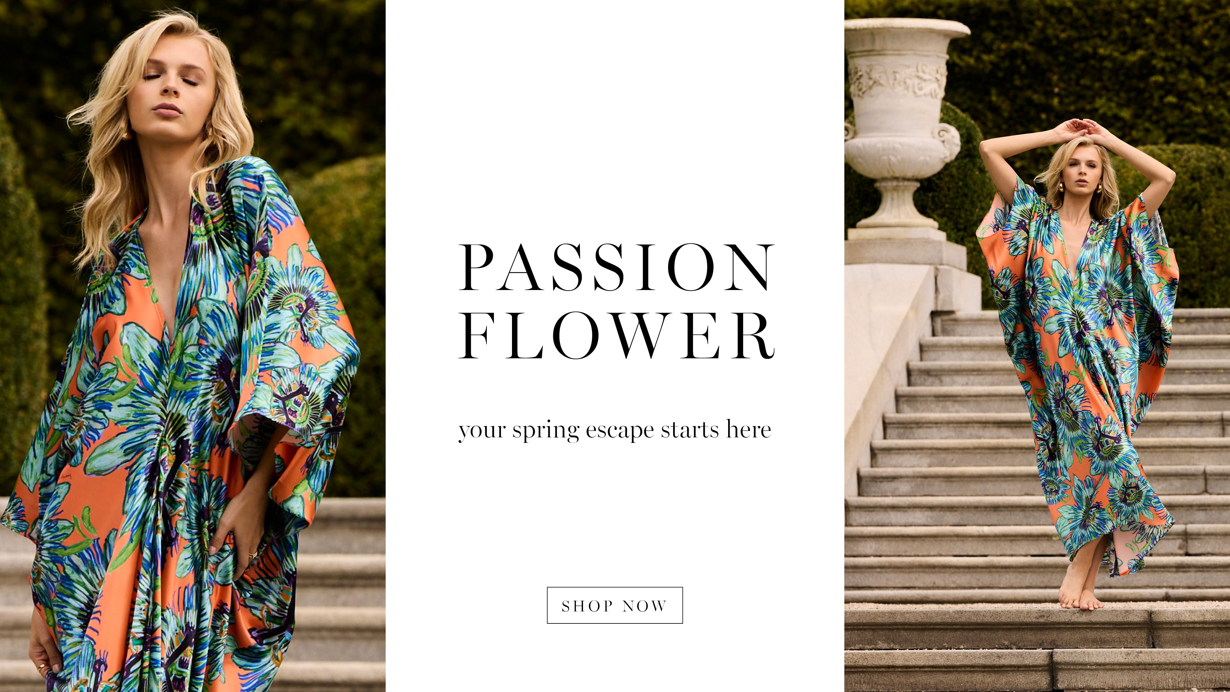 Model wearing a floral dress, showcasing fashion in a garden setting.