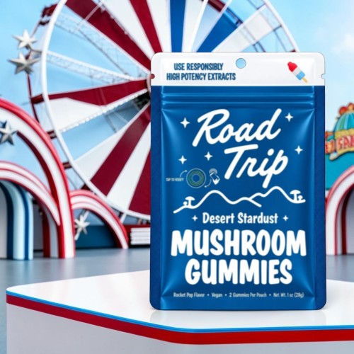 Blue packaging of mushroom gummies with a carnival background.