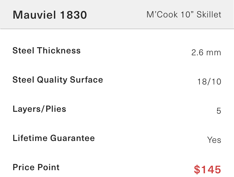 Chart illustrating how the Mauviel 1830 M'Cook Skillet has thinner steel and is more expensive with a retail price of $145.