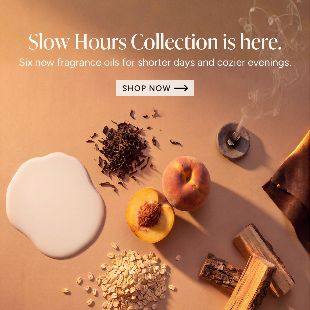 Slow Hours Collection with fragrance oils, featuring fruits, grains, and incense.