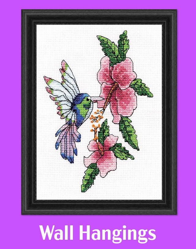 Text: Wall Hangings. Image: Design Works Beautiful Hummingbird Counted Cross-Stitch Kit.