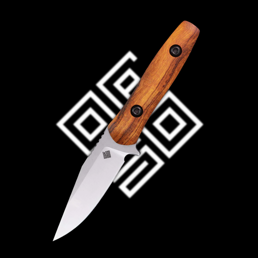 A knife with a wooden handle against a black background.