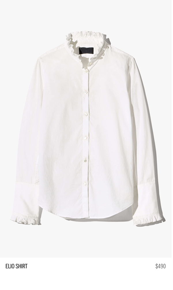 White shirt with ruffled collar and cuffs, displayed front view. Price: $490.