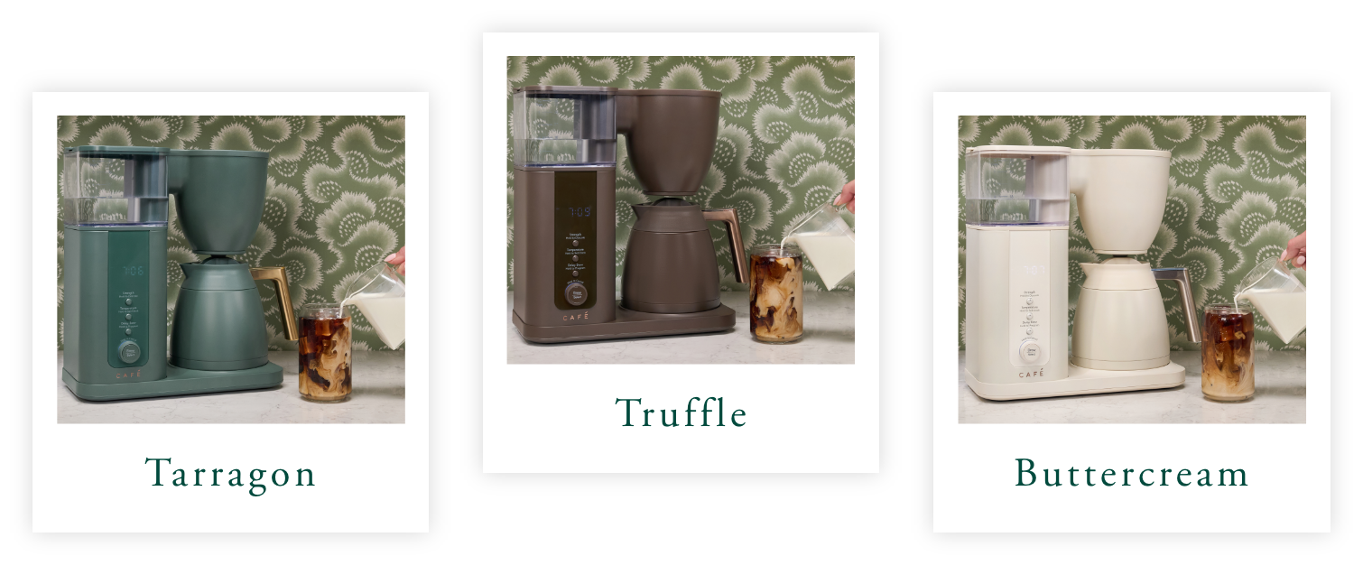 Three kitchen appliances in different colors: Tarragon, Truffle, Buttercream.