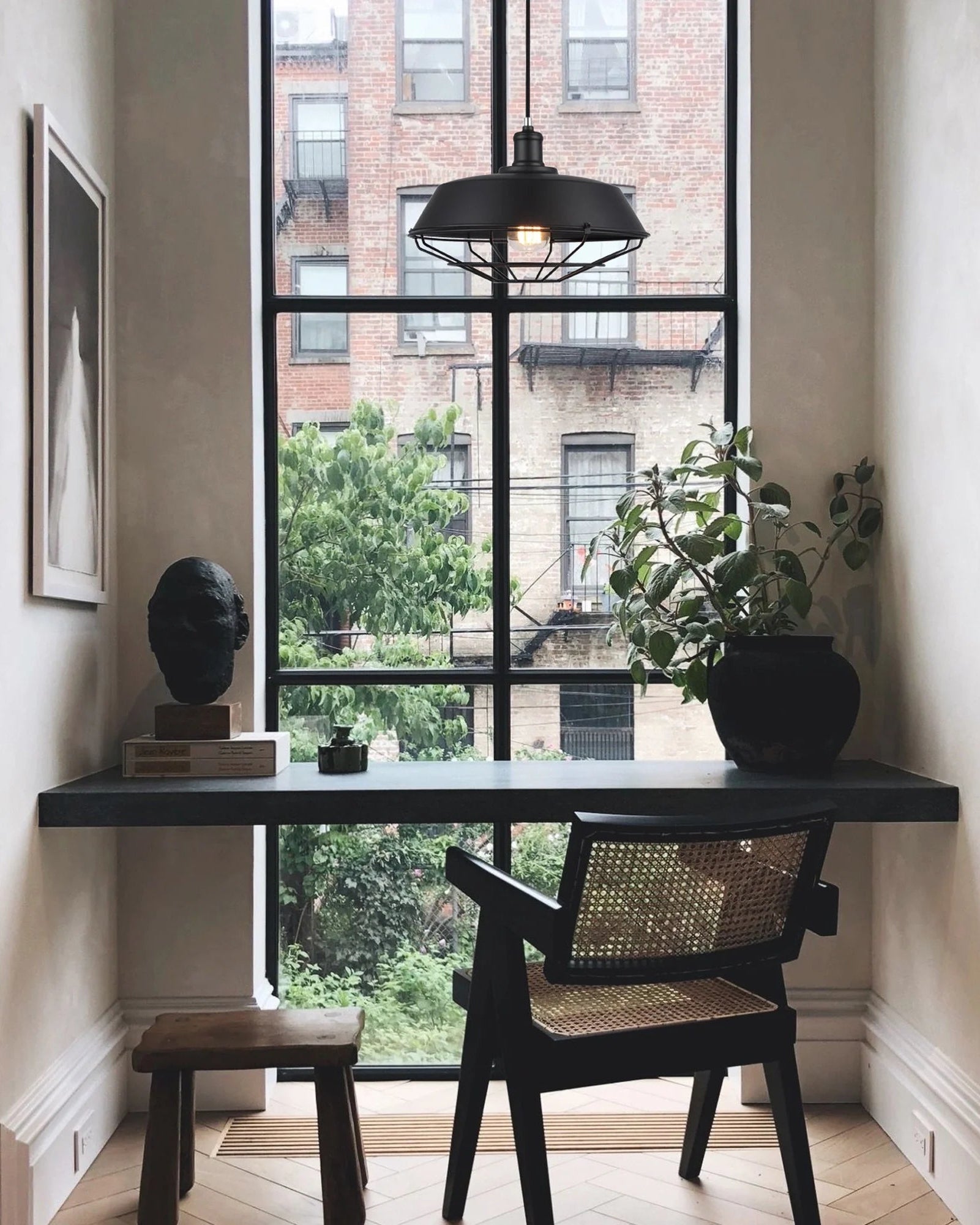 Small home office with a Caged Industrial Styled Pendant Light