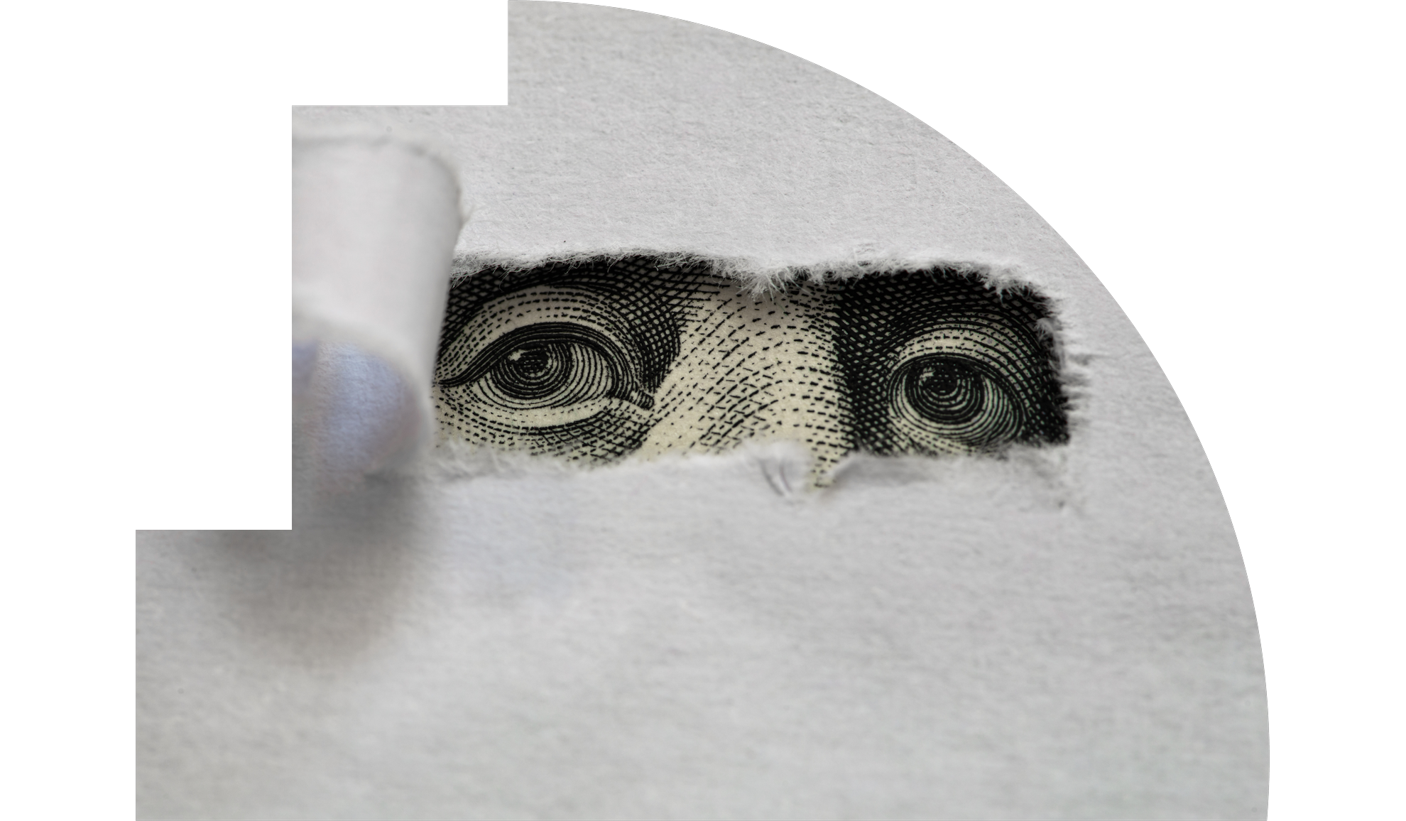 Eyes peering through torn paper, hinting at money or value.