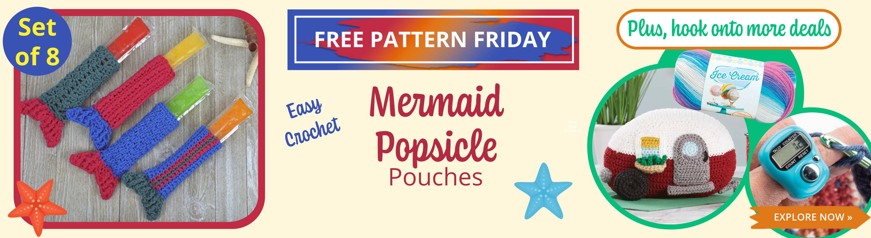 Free Pattern Friday! Mermaid Popsicle Pouches Set of 8 (Easy Crochet). Image: Mermaid Popsicle Pouches and featured projects to hook onto. 