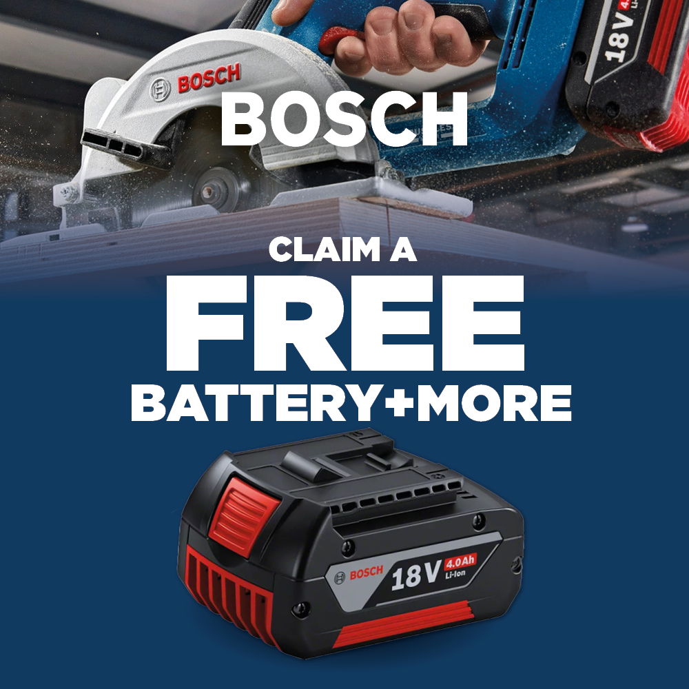 Bosch tool promotion featuring free battery offer on a blue background.