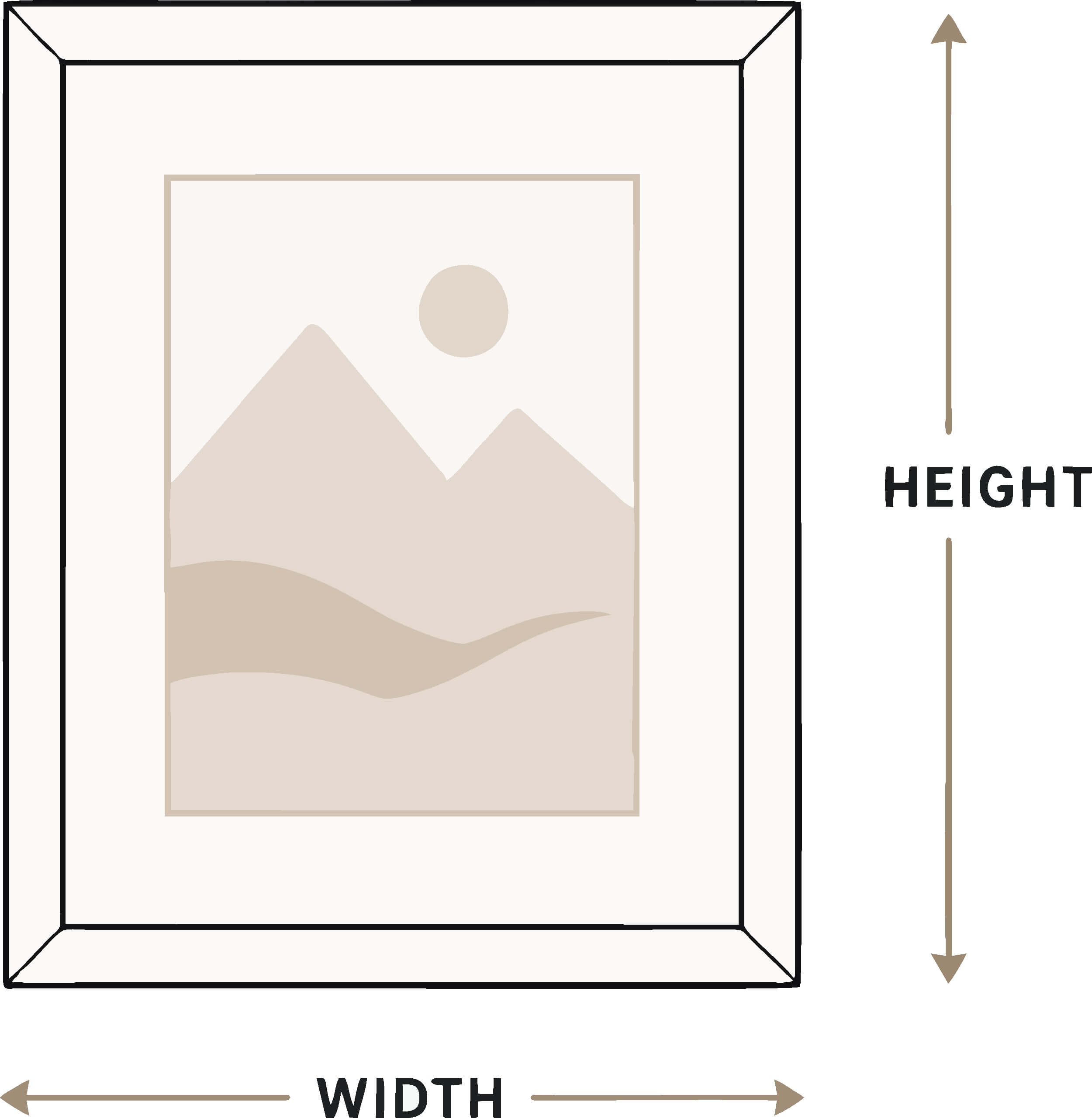Illustration of a framed landscape with labeled height and width dimensions.