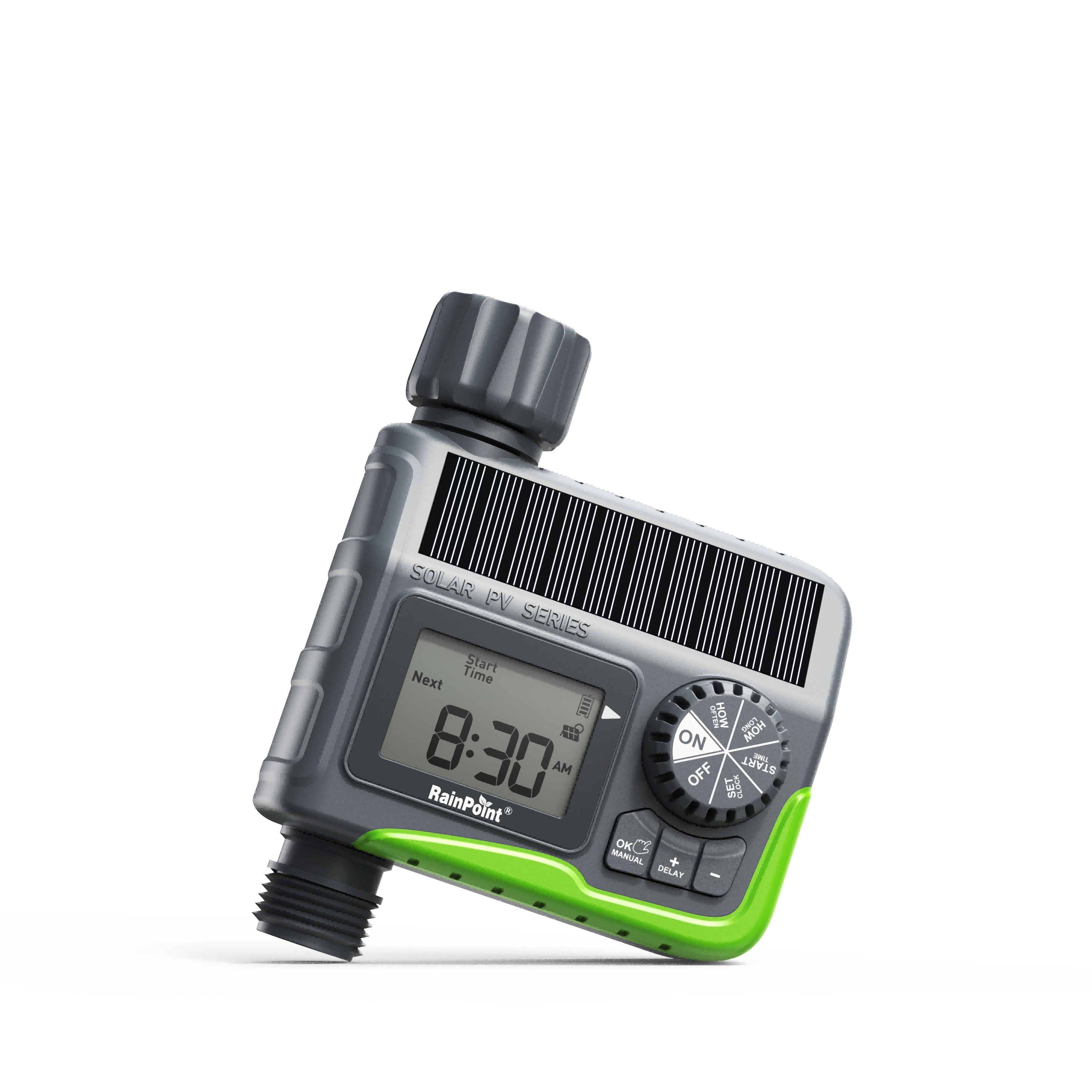 Digital timer with solar panel for irrigation control.