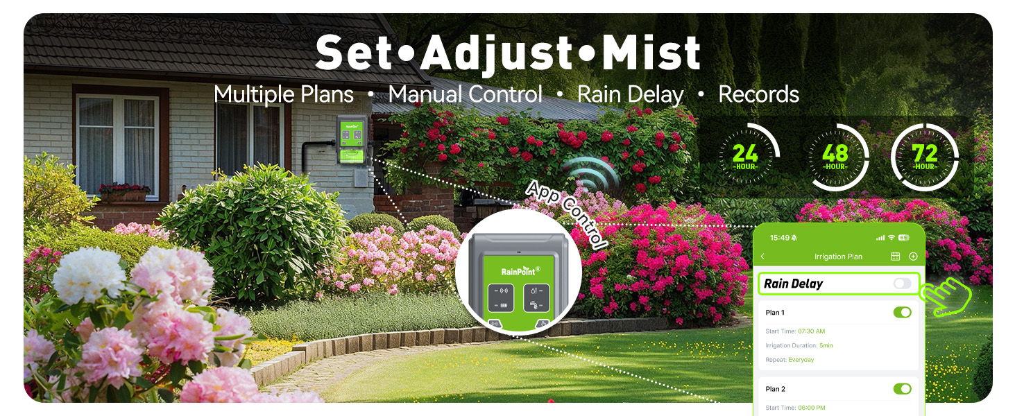 Garden interface with flowers and app features for irrigation management.