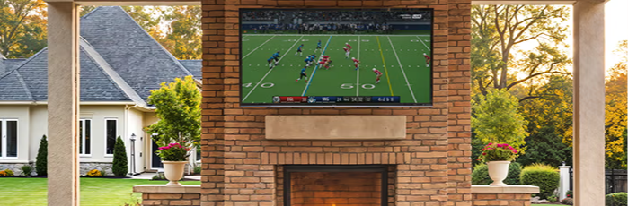 Outdoor seating area with a fireplace and television in a cozy setting.