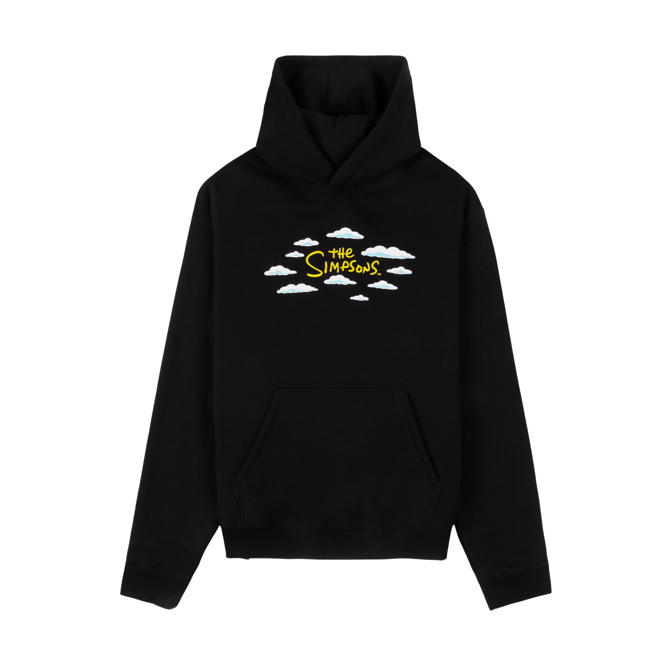 Black hoodie with cloud and sun graphic design on the front.