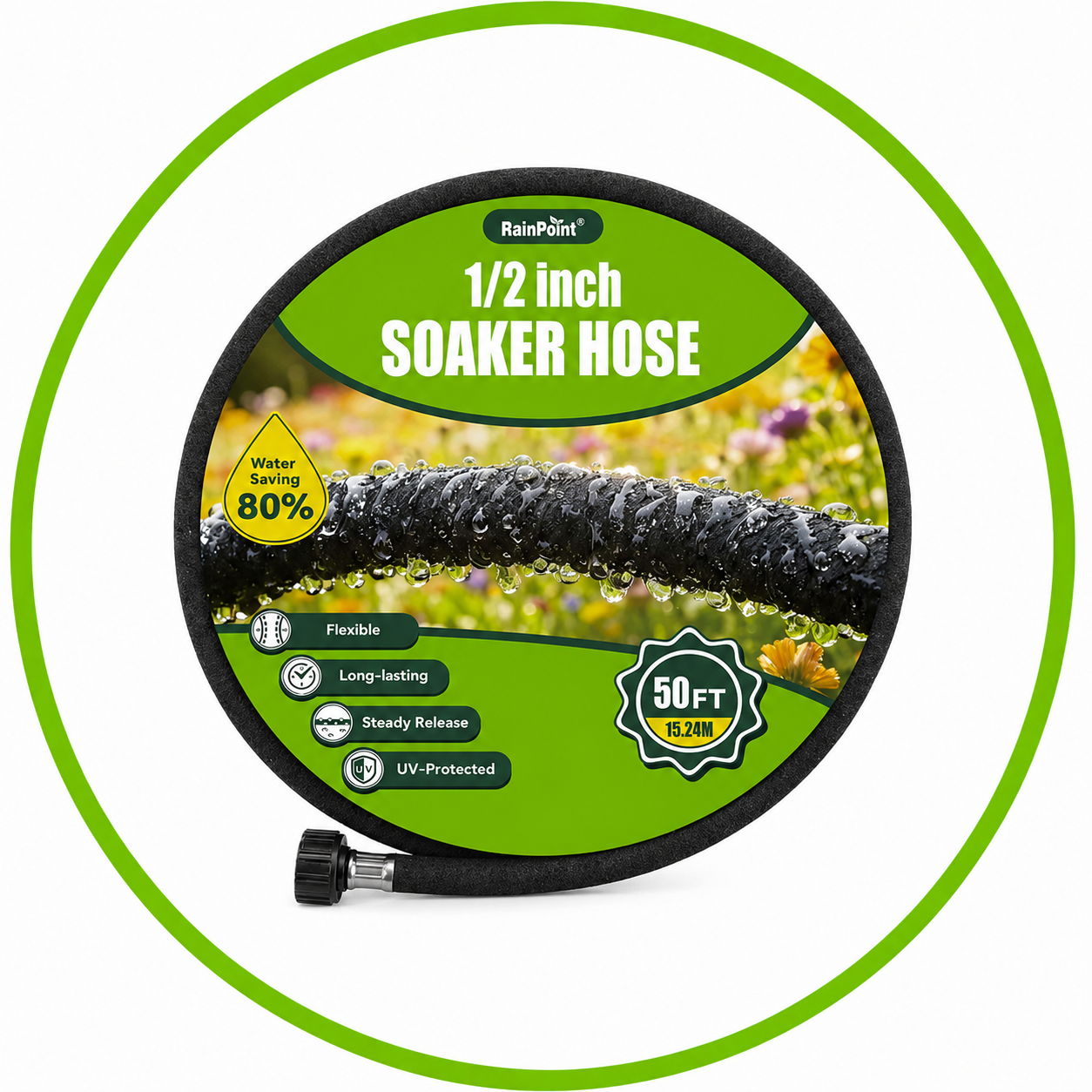 Soaker hose packaging with specifications and features highlighted.