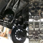 Three-panel collage air tank three horns rear axle leaf springs differential exhaust undercarriage Anthony's Toyota Tundra Outlaw 127H gallery photo 4