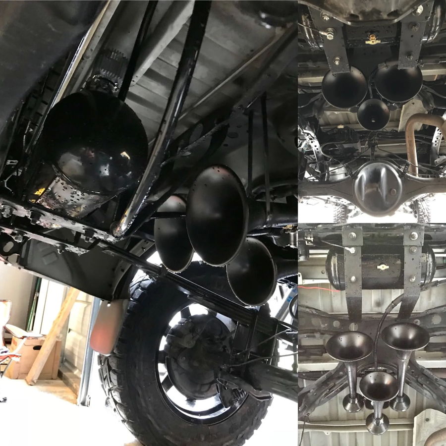 Three-panel collage air tank three horns rear axle leaf springs differential exhaust undercarriage Anthony's Toyota Tundra Outlaw 127H gallery photo 4