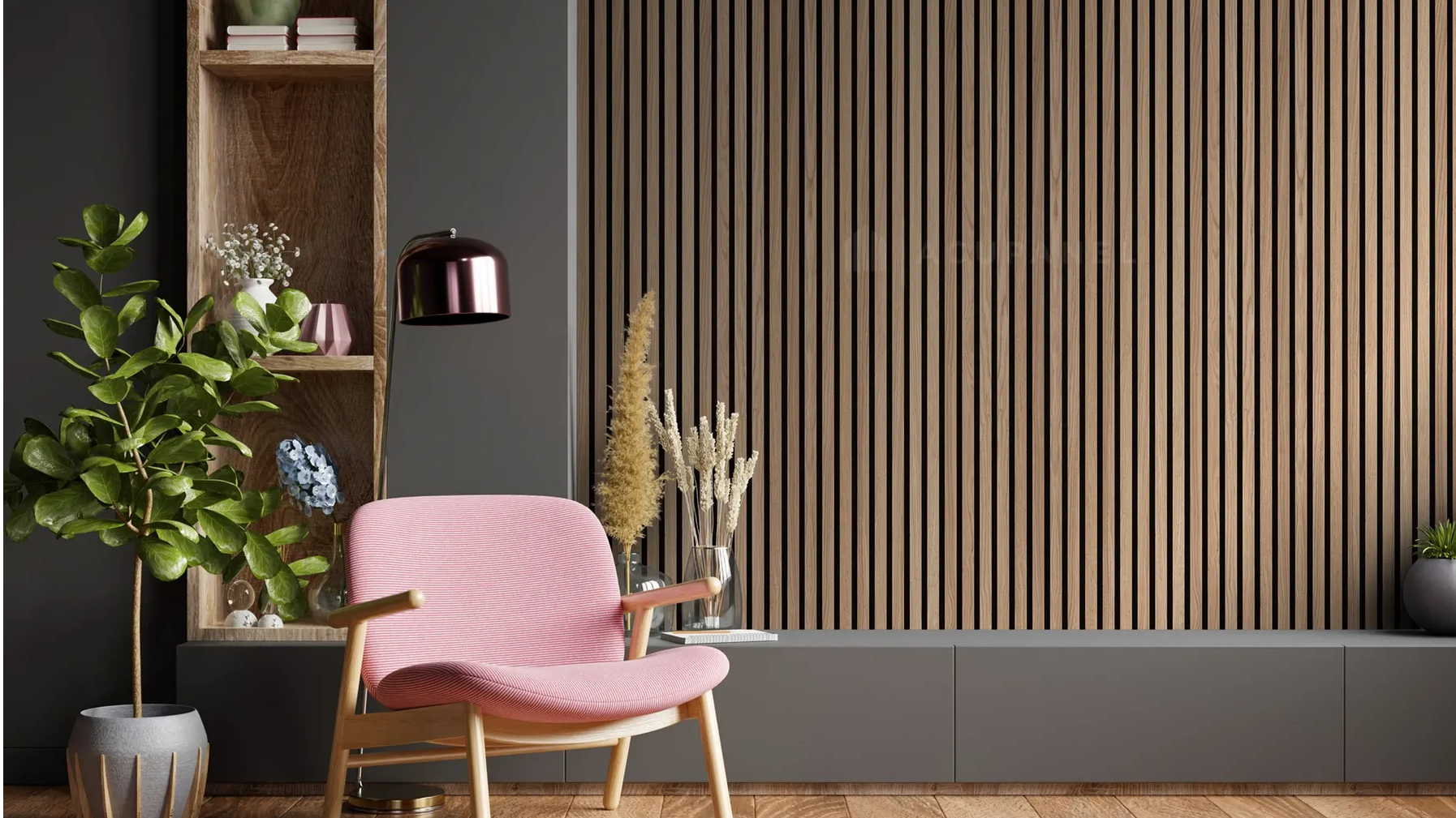 Modern wood wall paneling in a contemporary lounge setting.