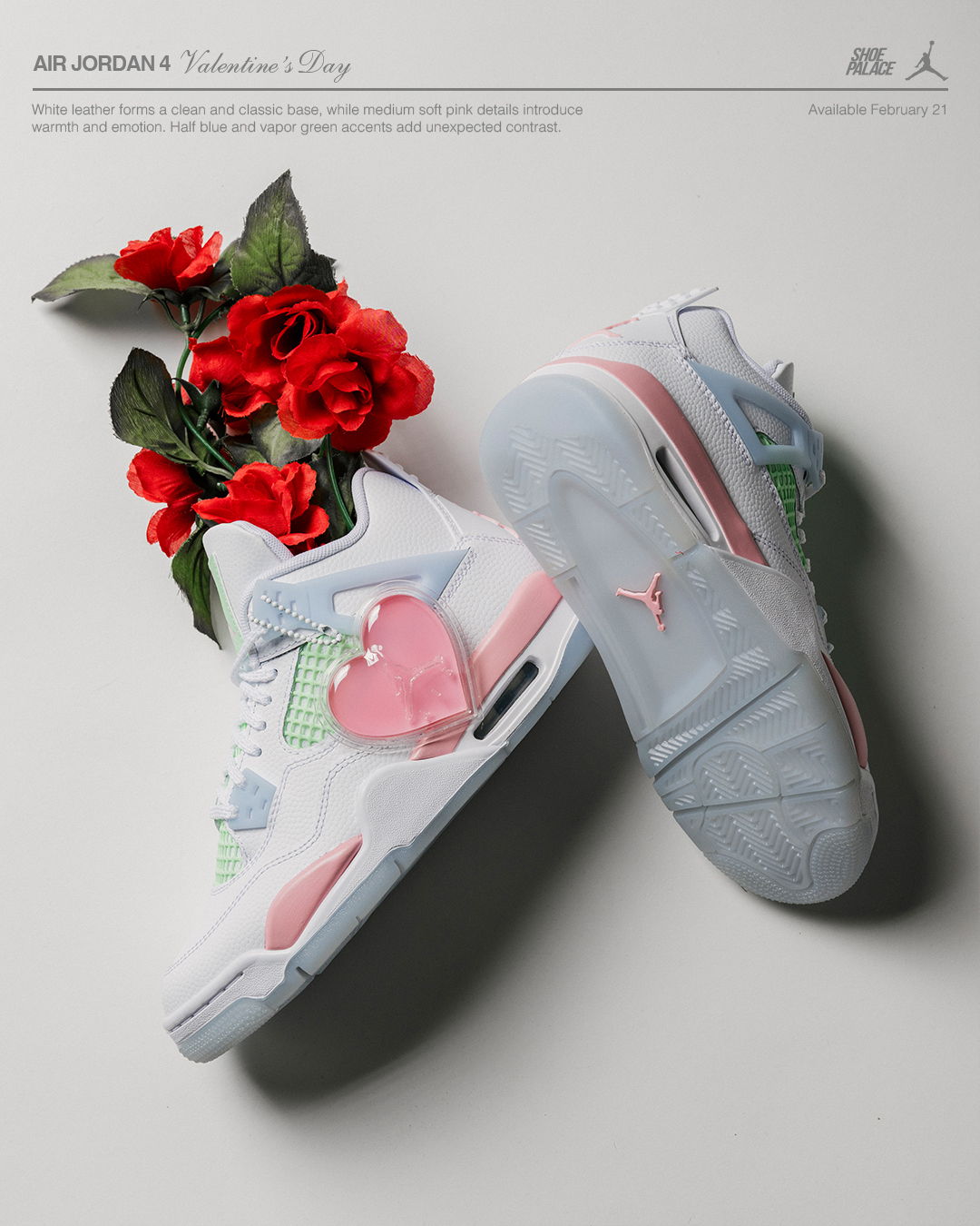 Air Jordan 4 sneakers with flowers, featuring pastel colors and heart designs.