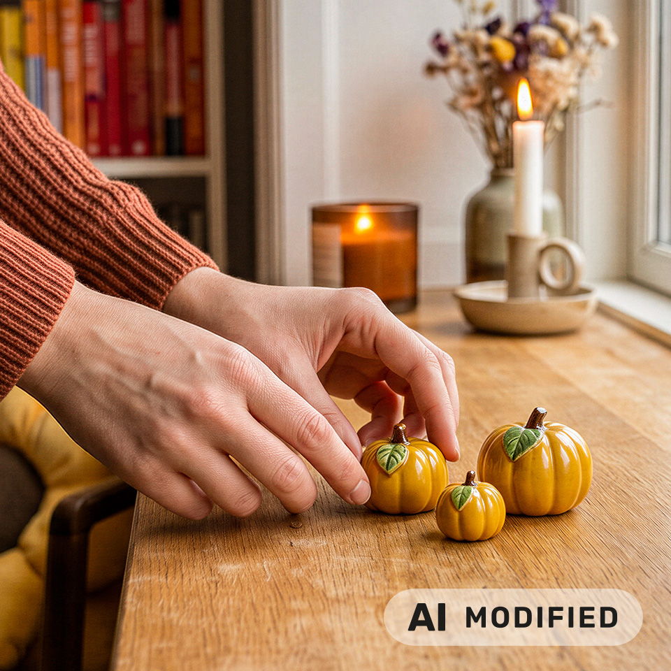 Une personne dispose de petites citrouilles sur une table en bois près d'une bougie.