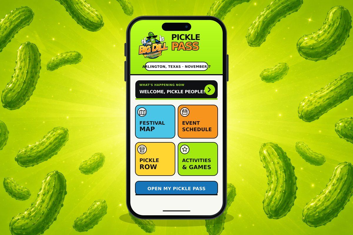 The Big Dill Pickle Pass app showing the festival map, event schedule, Pickle Row, and games for the pickle festival in Arlington Texas