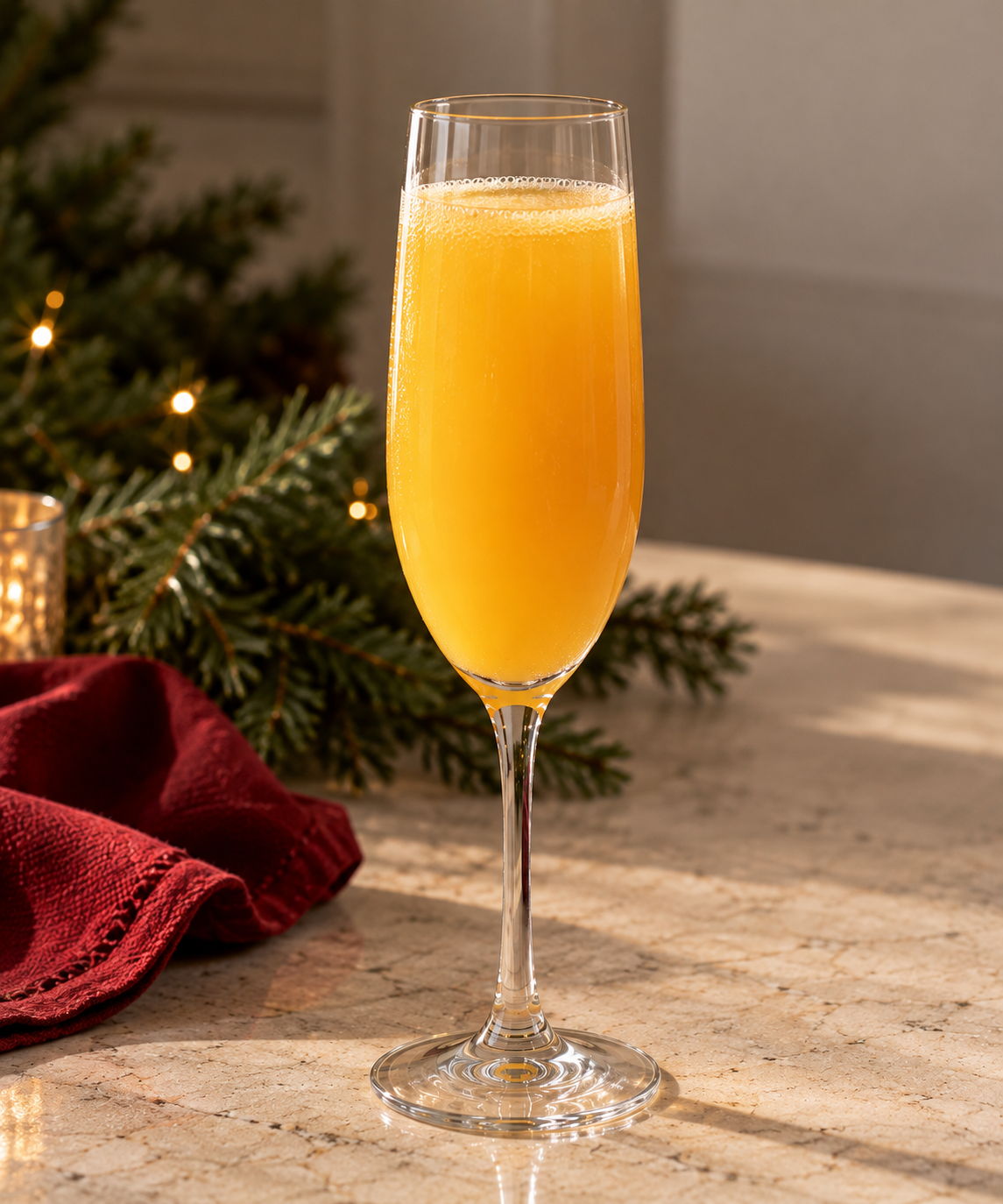 A glass of orange mimosa on a marble table with festive decorations.
