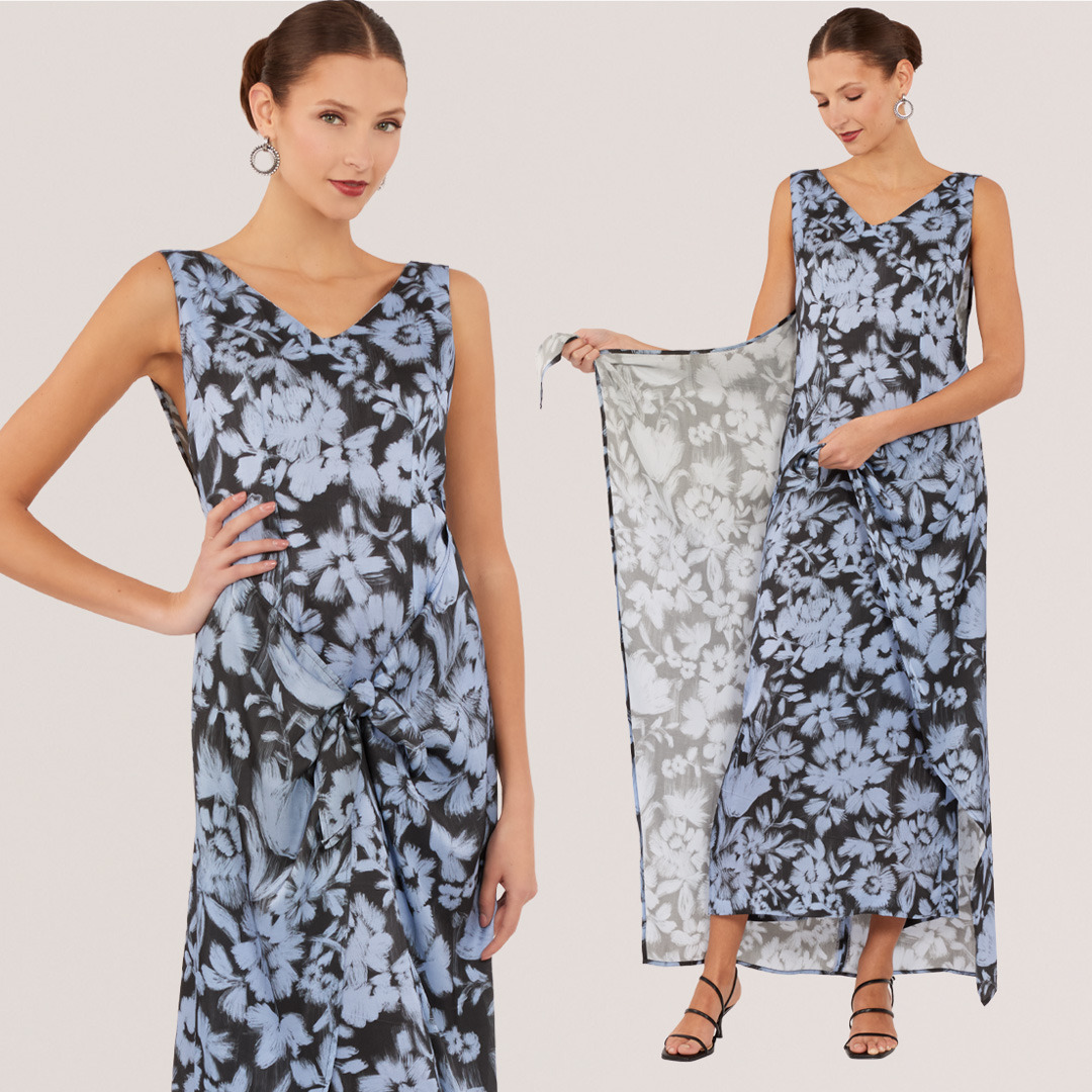 Model wearing a floral-patterned dress, showcasing front and side views.