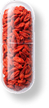 A transparent capsule filled with red goji berries.