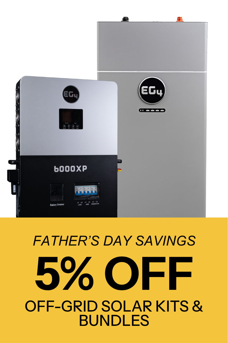 Father's Day savings on off-grid solar kits and bundles, 5% off.