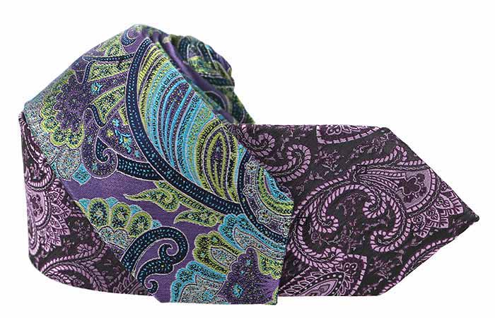 Paisley ties in shades of purple, turquoise and lime