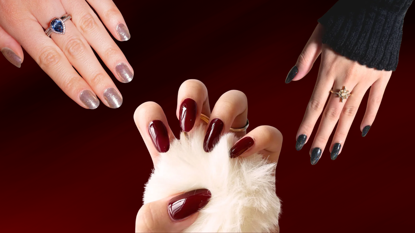 Demon cosplay nails styled as talons using EyeCandys Wine Not, All That Glitters, and Meow Me Back gel nail stickers for an abyss-inspired look