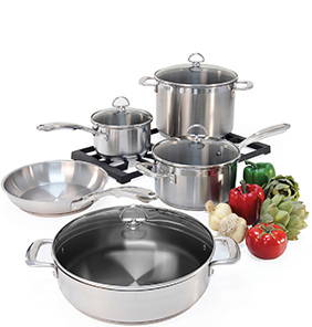 Group of CHANTAL® INDUCTION 21 STEEL COOKWARE SET with fresh vegetables