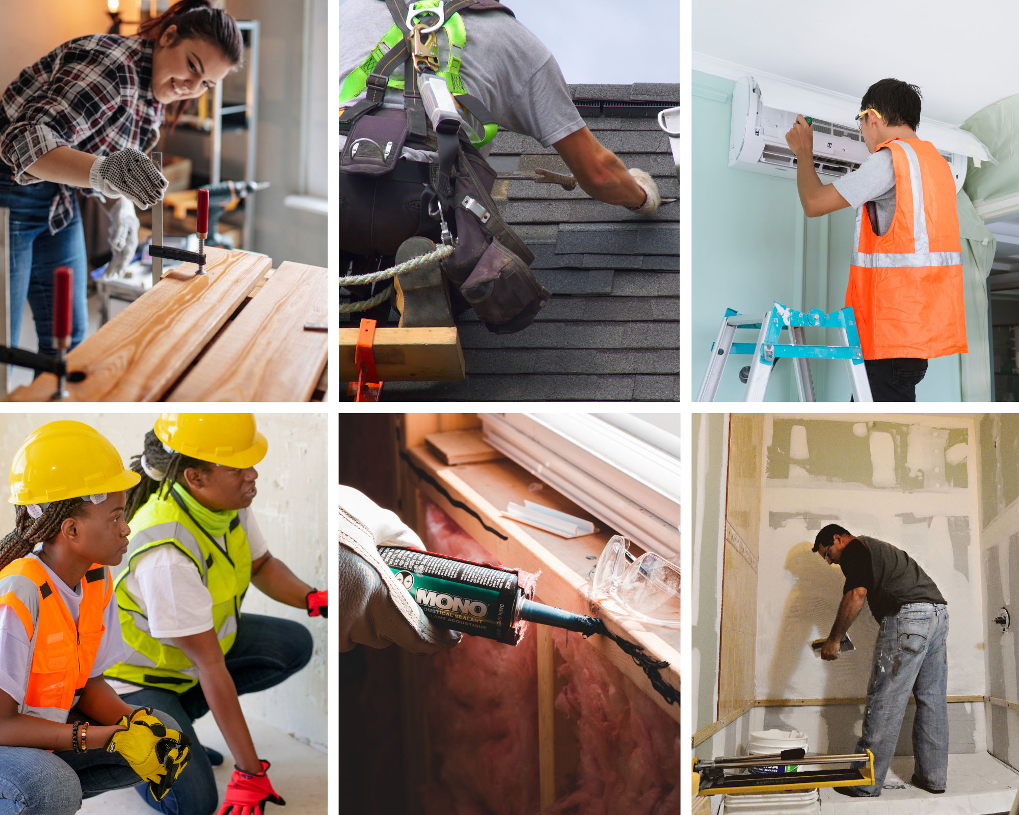 Collage of construction workers engaging in various tasks and using tools.