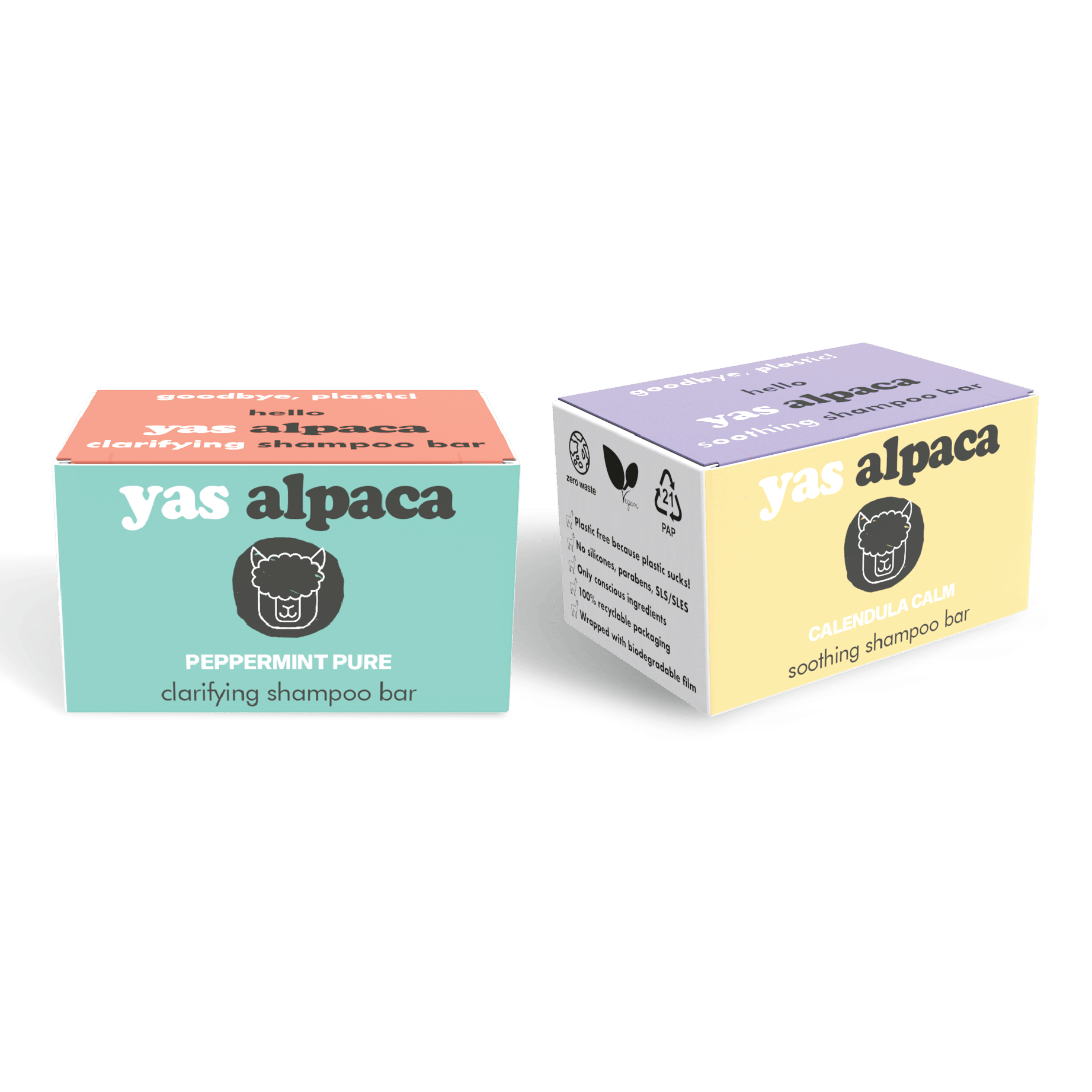 Packaging boxes of Yas Alpaca's Peppermint Pure clarifying shampoo bar and Calendula Calm soothing shampoo bar. 