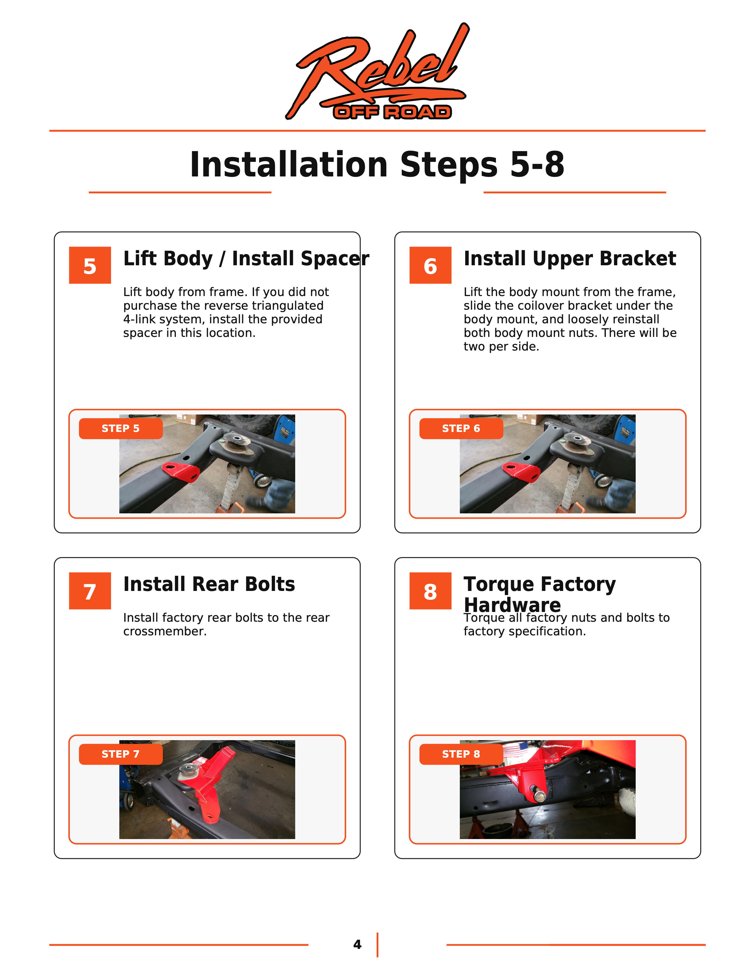 Installation steps 5-8 for a product with images and instructions.