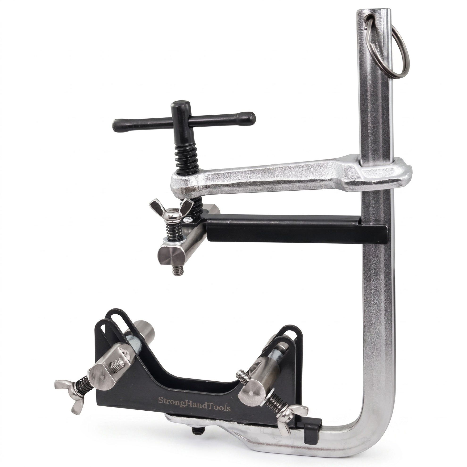 A metal clamp with adjustable components for securing materials.