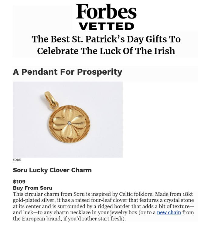FORBES ONLINE USA FEATURES SORU JEWELLERY DETACHABLE GOLD CLOVER CHARM