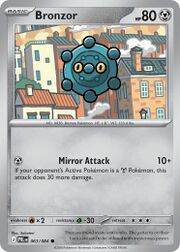 Bronzor Pokémon card with attack details and background illustration.