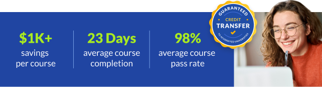 Savings, course duration, and completion rate statistics with a smiling person.