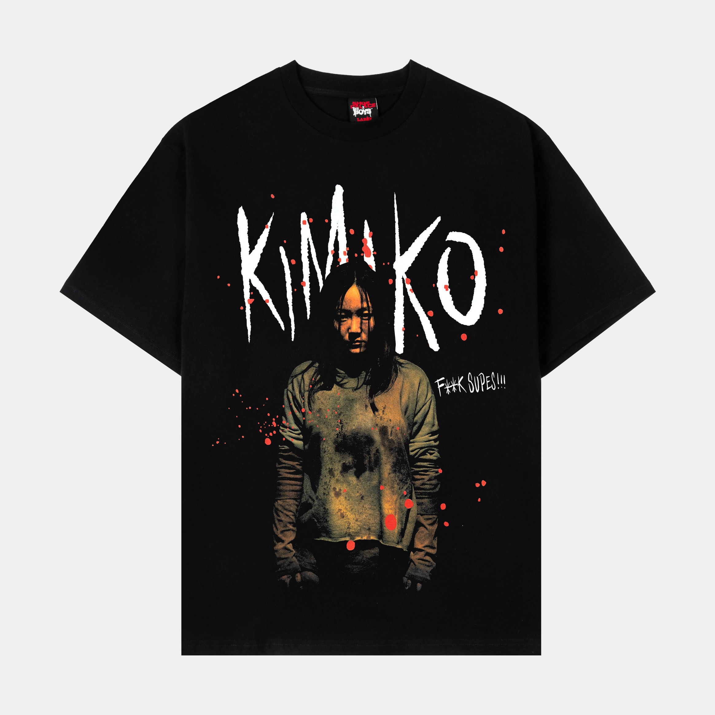Black t-shirt featuring graphic of a character named Kimiko.