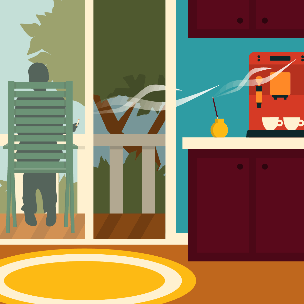 An illustration of a kitchen counter next to a sliding glass door with someone smoking outside and incene burning inside.