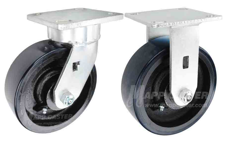 Dark Blue & black polyurethane on iron swivel & rigid plate casters - Non-marking, floor protective, smooth rolling, crowned tread, NSF Certified
