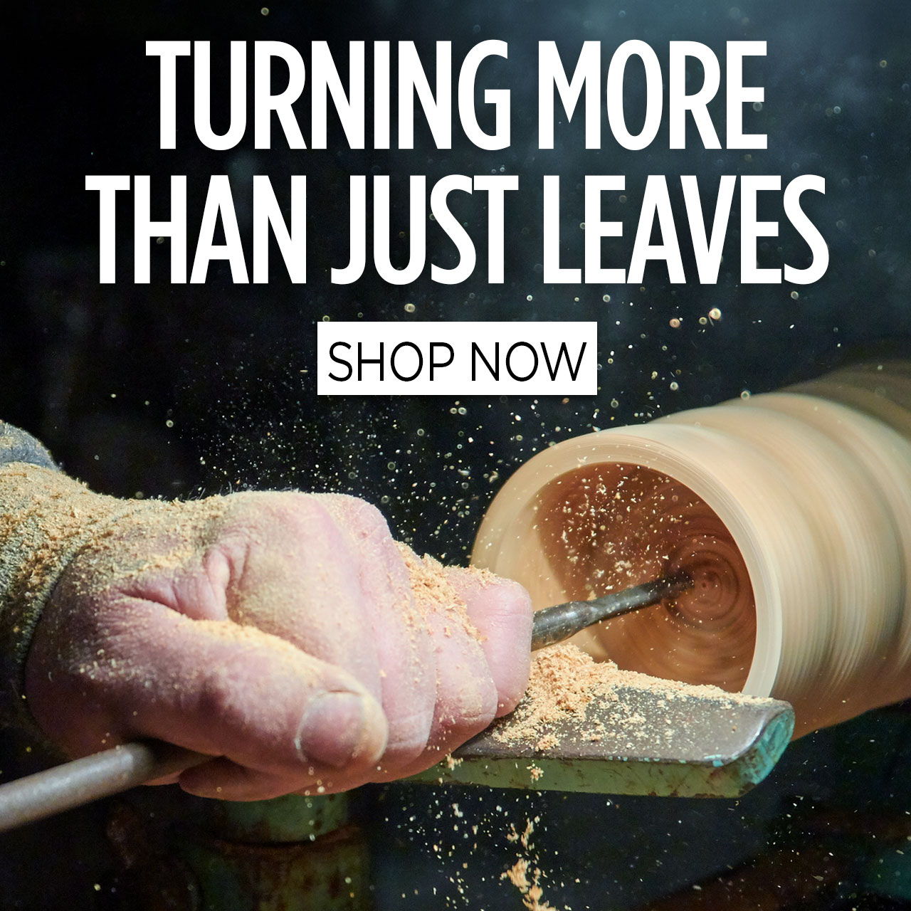 Hand using a lathe to shape wood, with promotional text above.