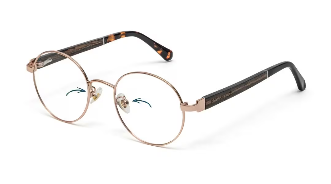 close up image of adjustable nose pads on Joy Rose Gold low bridge glasses