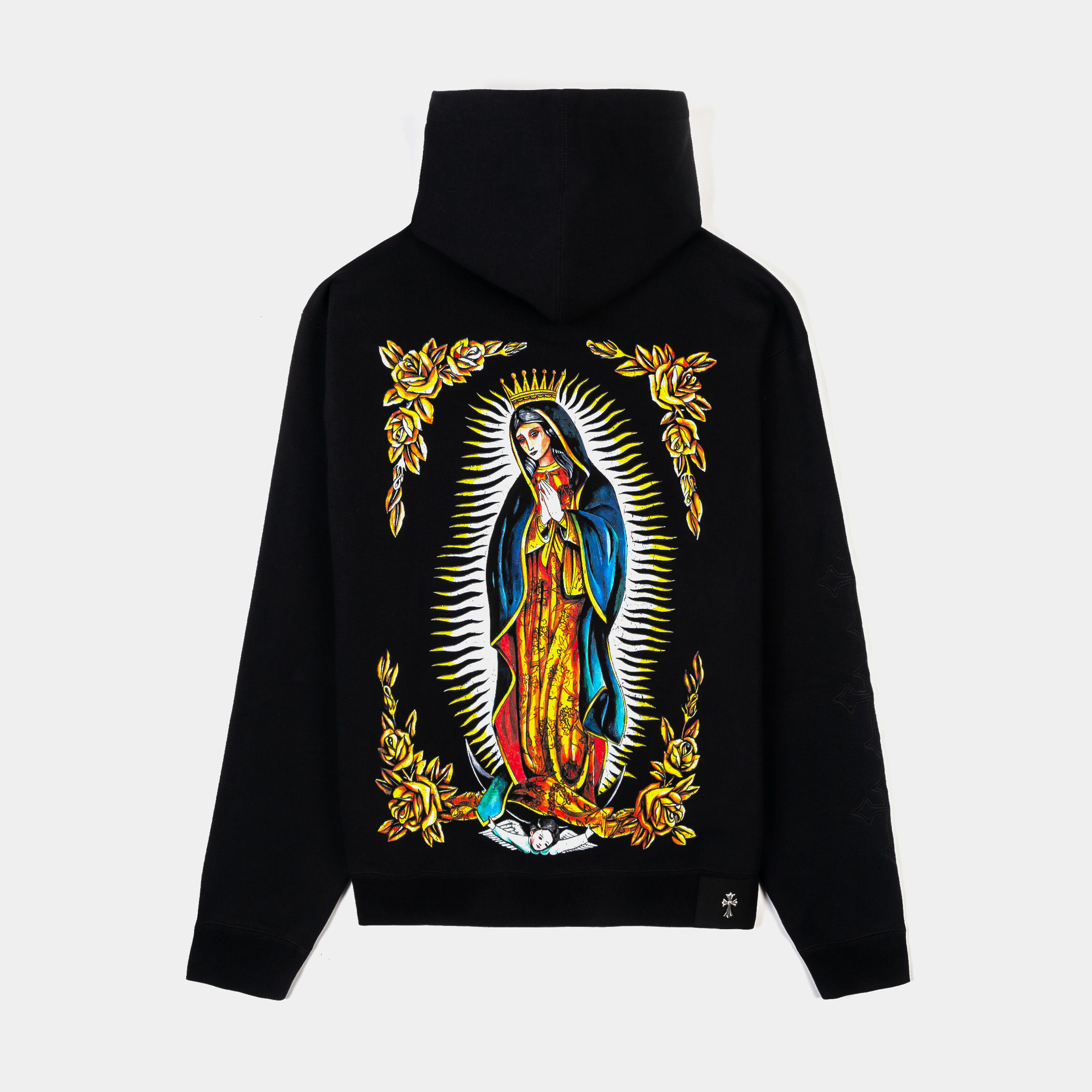 Black hoodie with graphic design on the front.